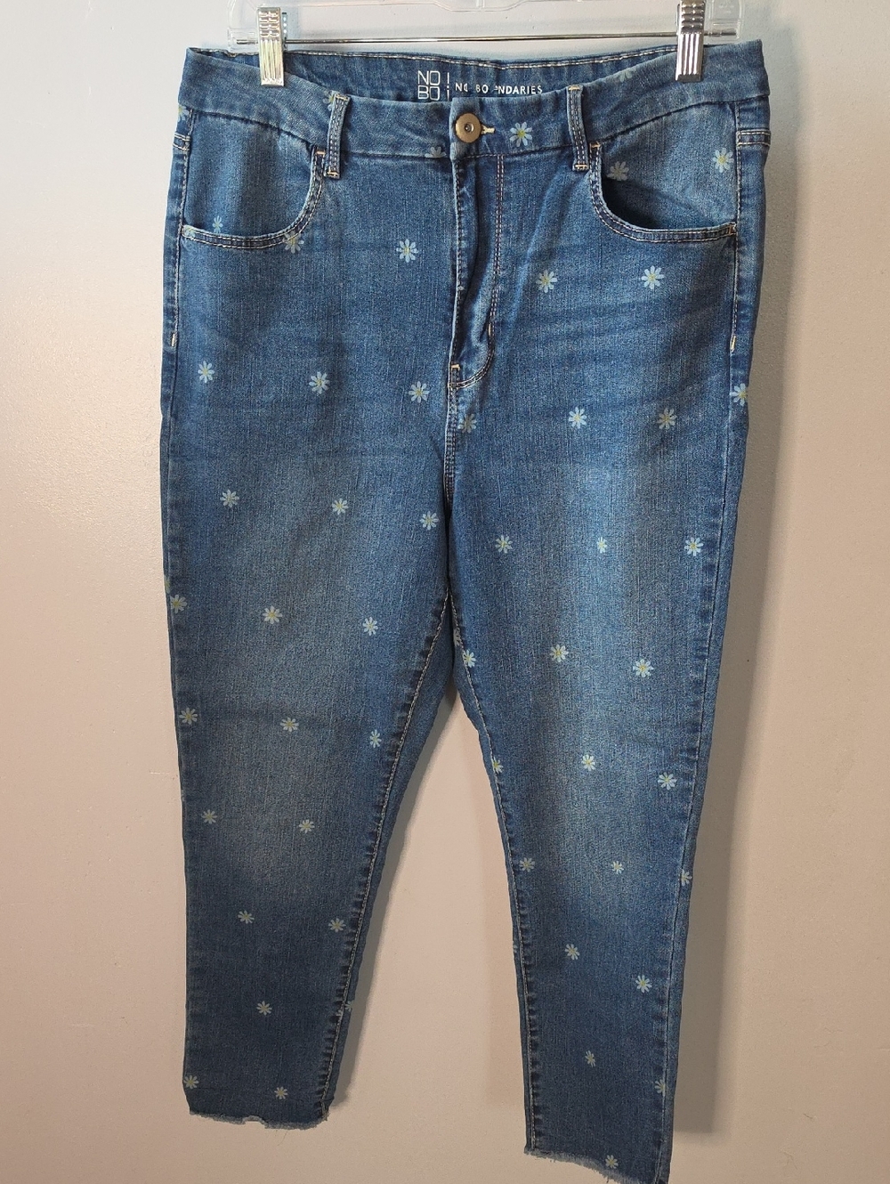 No Boundaries Denim Jeans with White Daisy Print and Raw Hem